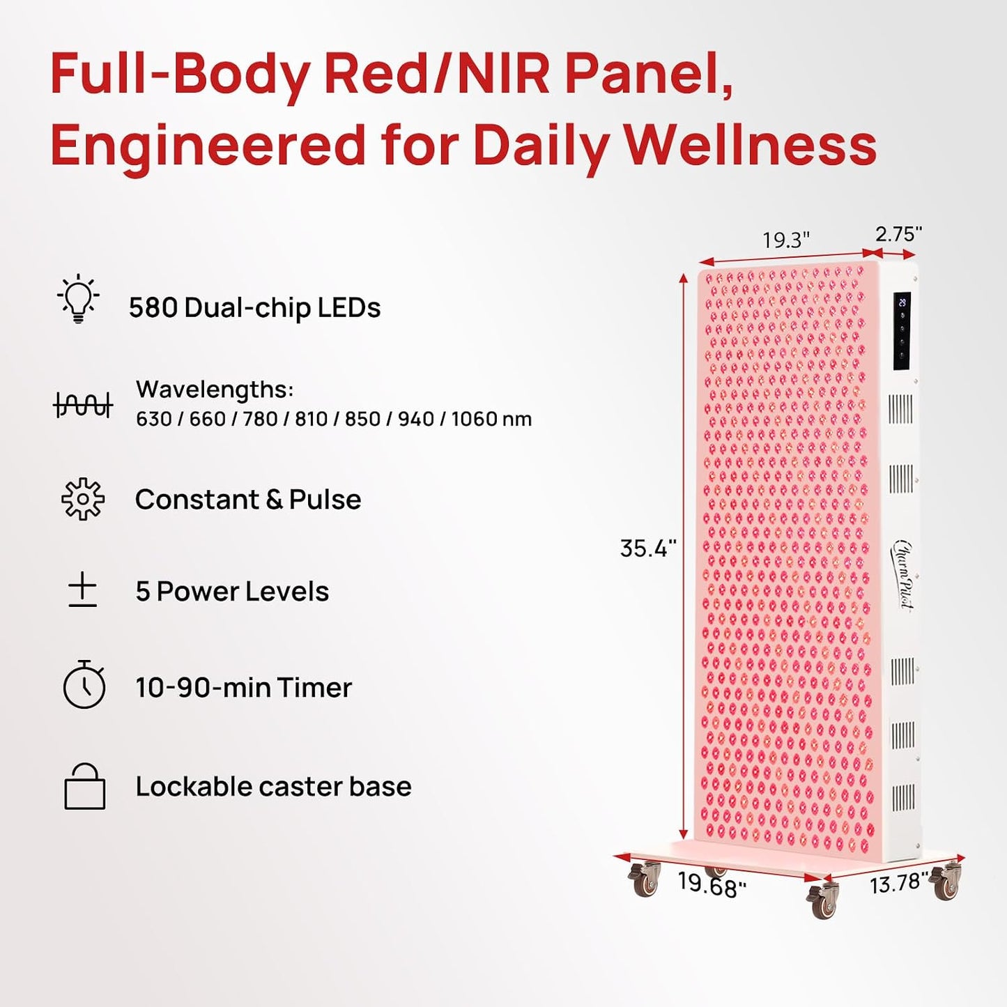 Red Light Therapy Panel for Body, 7 Wavelengths (630, 660, 780, 810, 850, 940, 1060 Nm), 580Leds, Near‑Infrared Light Wellness Device with Adjustable Intensity, Home Use