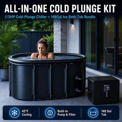 1/3HP Ice Bath Chiller & 148Gal Cold Plunge Tub Bundle | Cold Plunge Chiller with Built-In Pump & Filter, Insulated Ice Bath Tub for Cold Therapy, Recovery, Muscle Relaxation