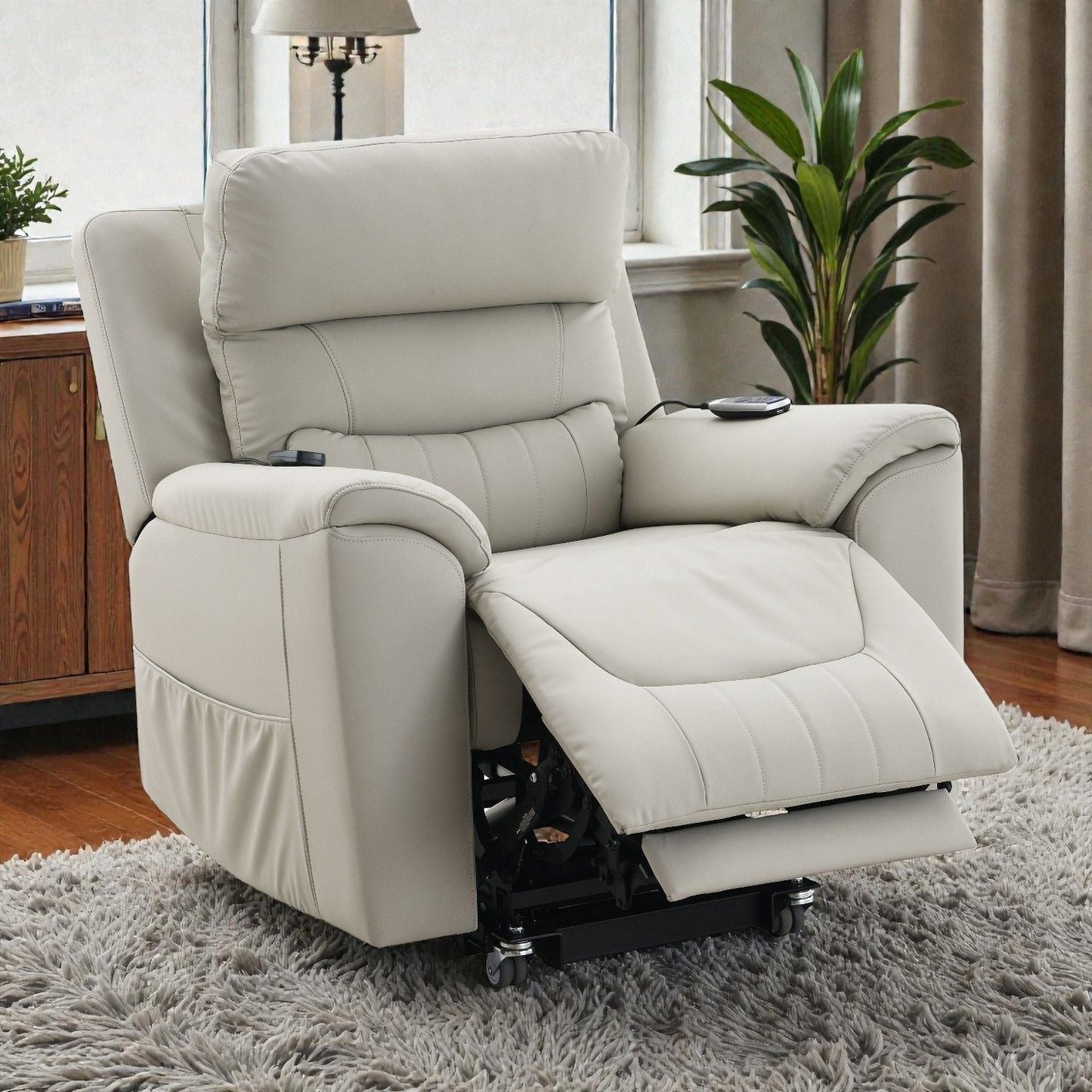 HSI: Marsha - Silicone Synthetic Leather Power Motion Recliner With Lift Heating Massage Chair - Light Gray