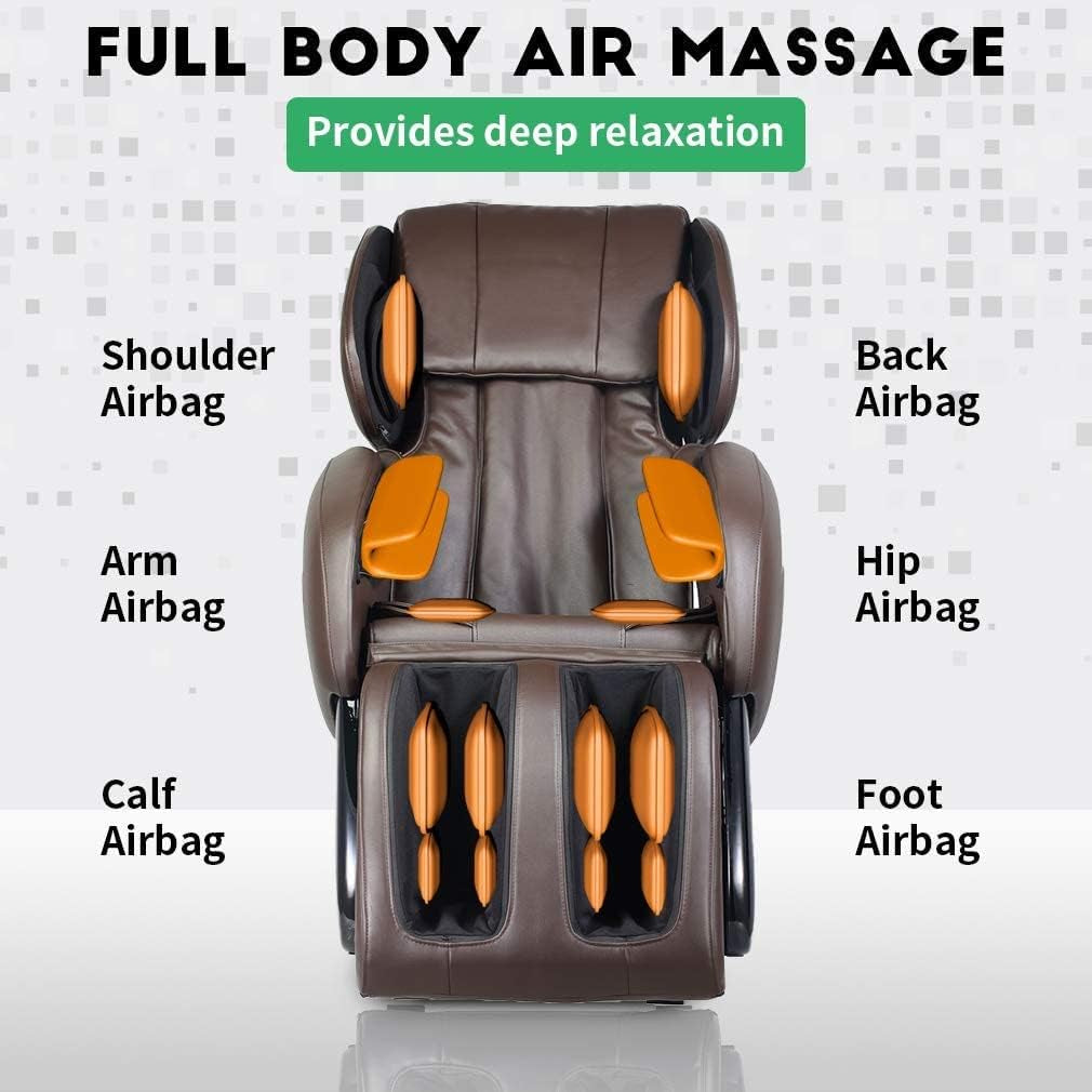 Massage Chair,Zero Gravity Full Body Electric Shiatsu Massage Chair Recliner with Built-In Heat Therapy Foot Roller Air Massage System Stretch Vibrating Wireless Bluetooth Speaker (Brown)