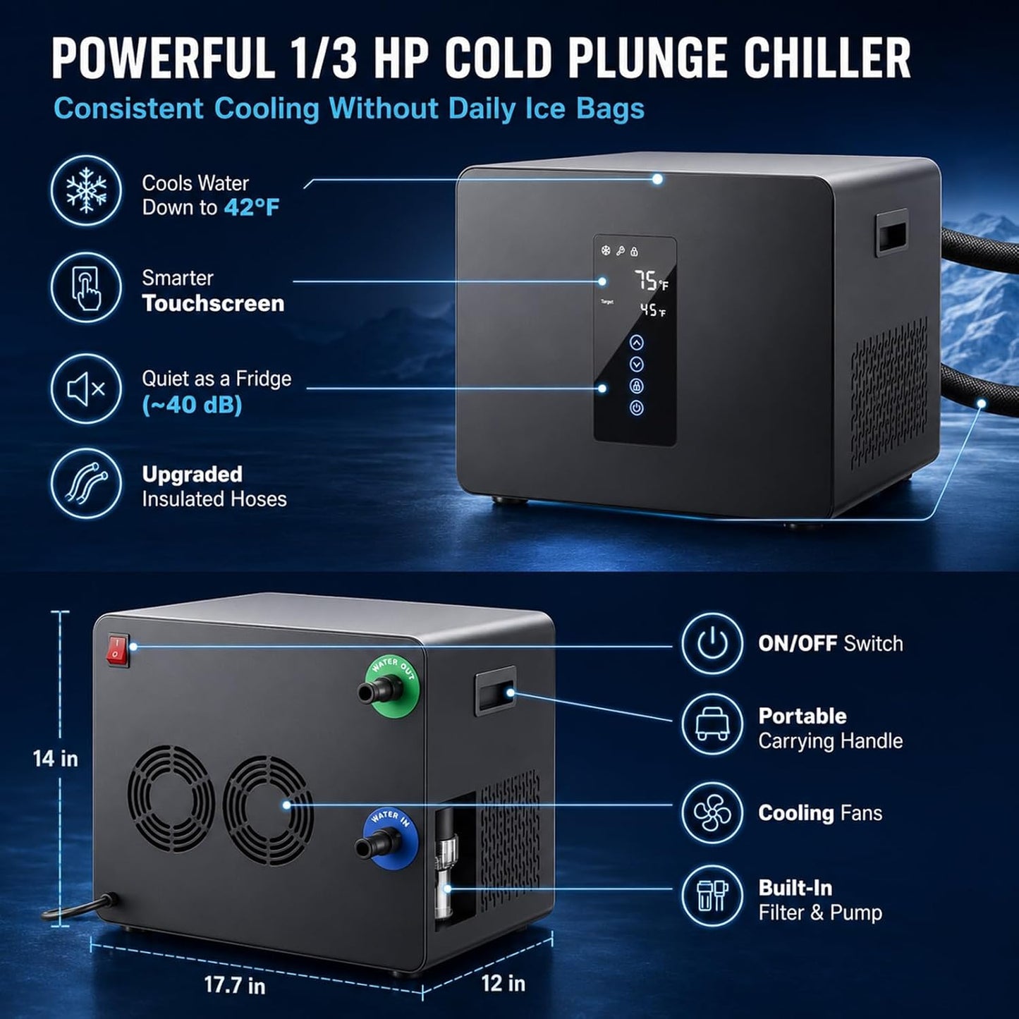 1/3HP Ice Bath Chiller & 148Gal Cold Plunge Tub Bundle | Cold Plunge Chiller with Built-In Pump & Filter, Insulated Ice Bath Tub for Cold Therapy, Recovery, Muscle Relaxation